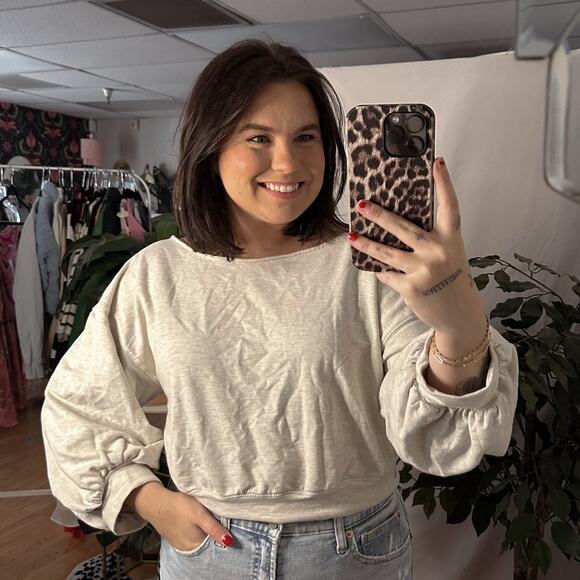 Free People Movement Long Puff Sleeve Sweatshirt Grey Size Medium - Picture 1 of 5